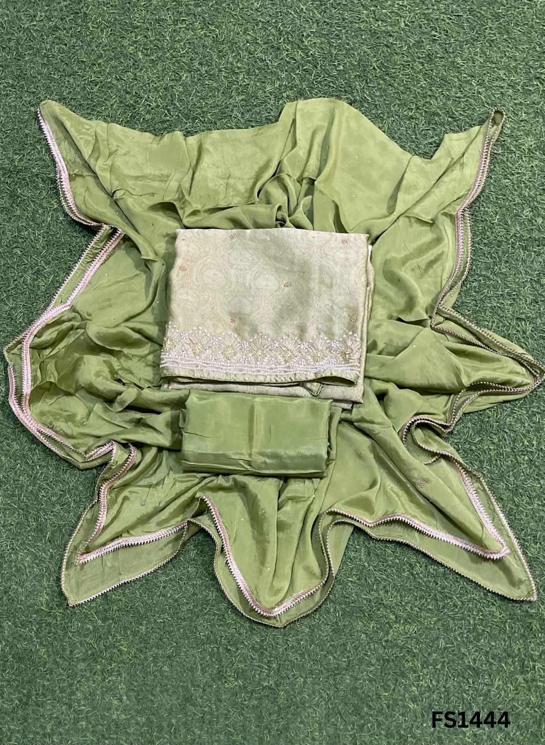 FS1444 | Mehandi green | Banarasi Silk Suit | Party Wear | Wedding | Jaggo | Ring Ceremony | Festival