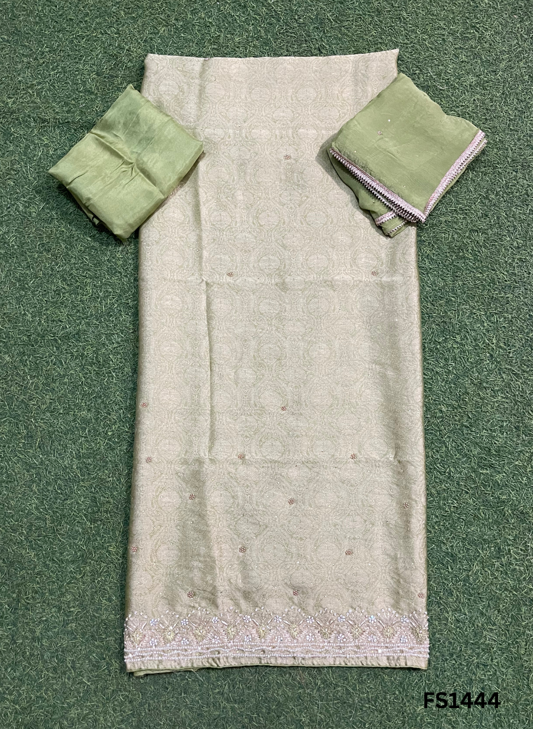 FS1444 | Mehandi green | Banarasi Silk Suit | Party Wear | Wedding | Jaggo | Ring Ceremony | Festival