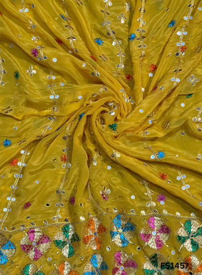 FS1457 | Yellow | Luxurious |Embroidered |Pure Kamal Chinon Phulkari - 2.5 Meters of Elegance
