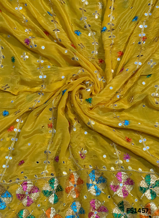 FS1457 | Yellow | Luxurious |Embroidered |Pure Kamal Chinon Phulkari - 2.5 Meters of Elegance