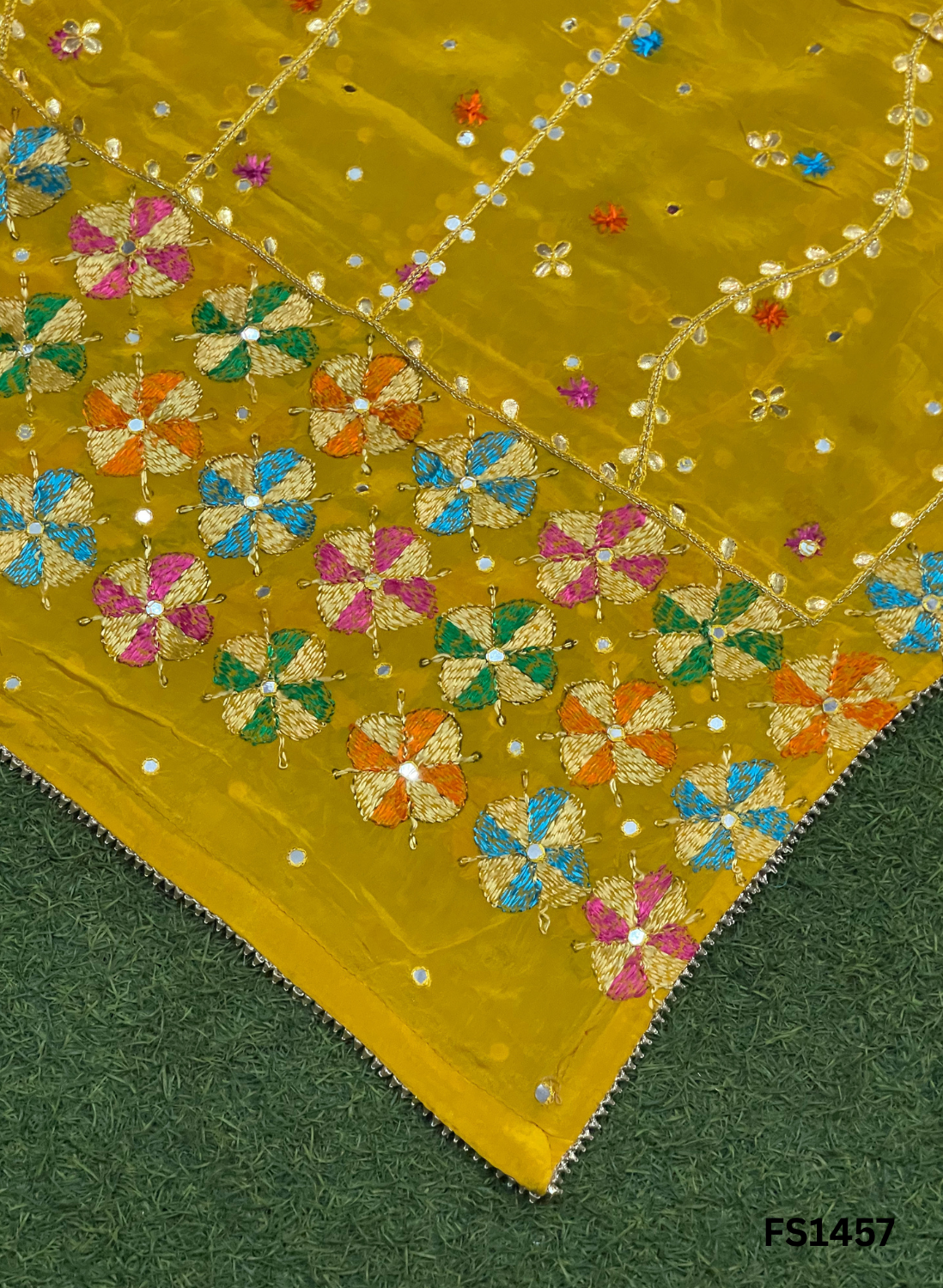 FS1457 | Yellow | Luxurious |Embroidered |Pure Kamal Chinon Phulkari - 2.5 Meters of Elegance