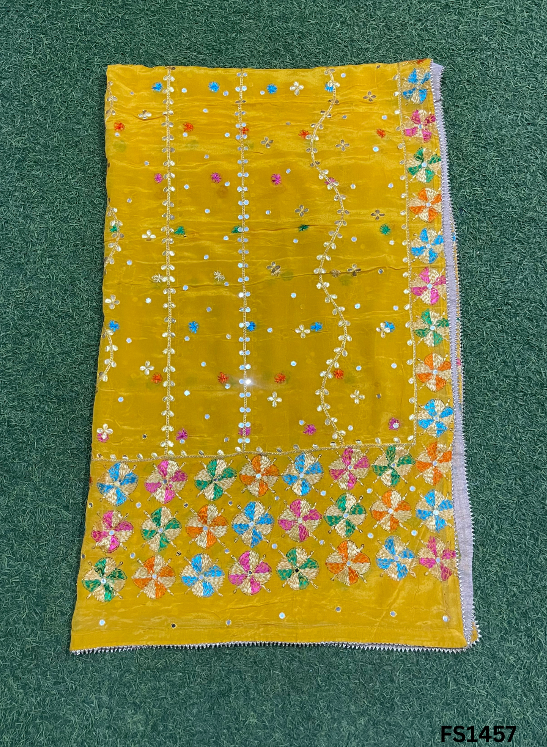 FS1457 | Yellow | Luxurious |Embroidered |Pure Kamal Chinon Phulkari - 2.5 Meters of Elegance