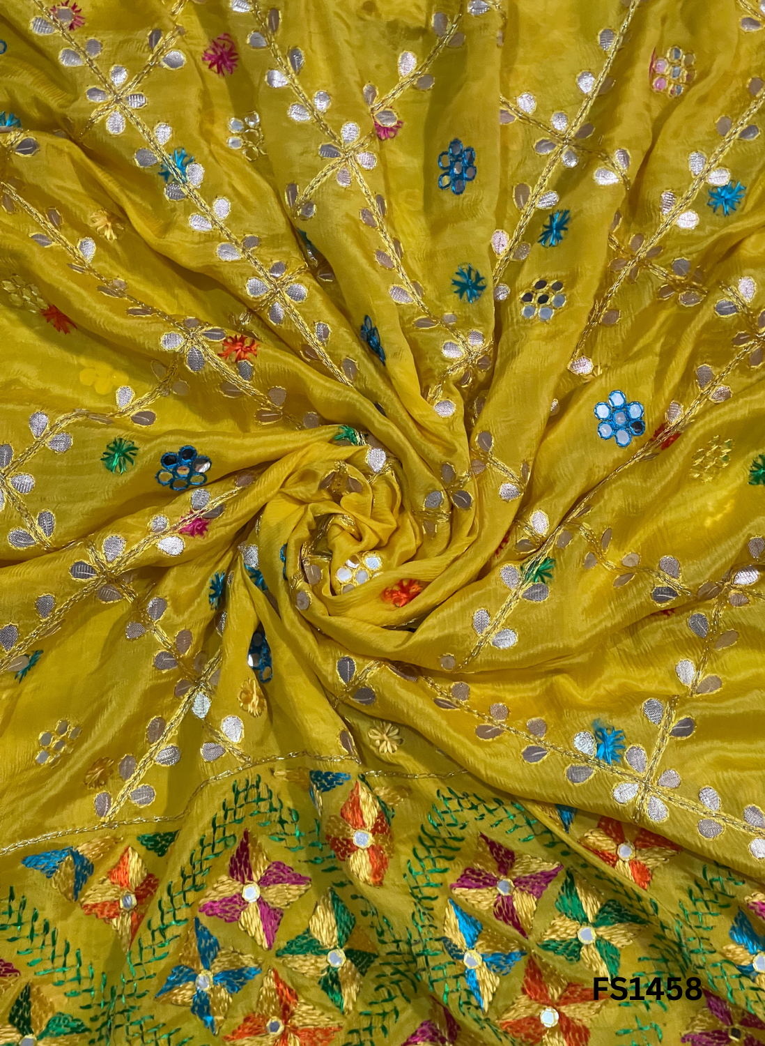 FS1458 | Yellow | Luxurious| Embroidered | Phulkari | 2.5 Meter of Elegance
