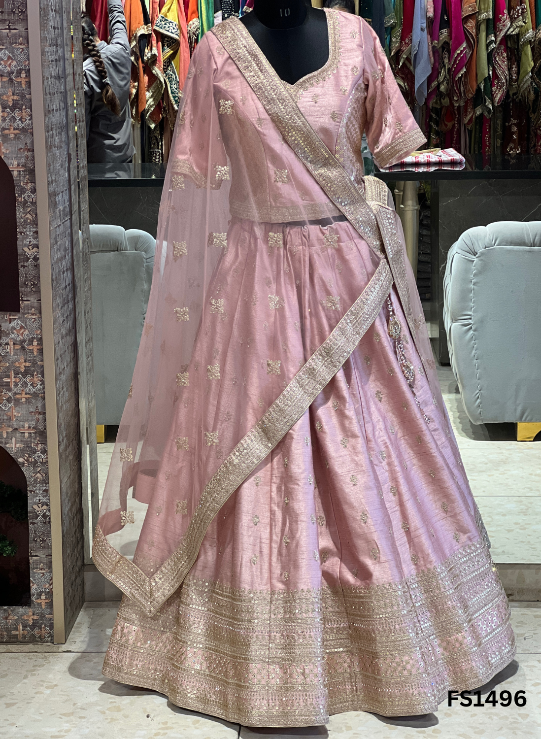 FS1496 | Baby-Pink | Raw Silk | Kurti-lehnga | Party Wear | Wedding | Jaggo | Festival