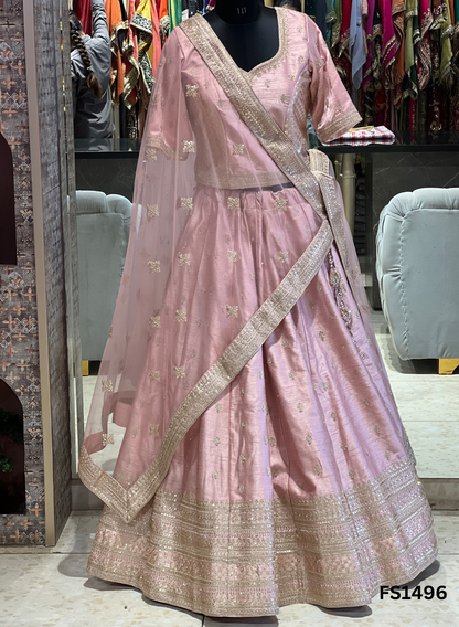 FS1496 | Baby-Pink | Raw Silk | Kurti-lehnga | Party Wear | Wedding | Jaggo | Festival