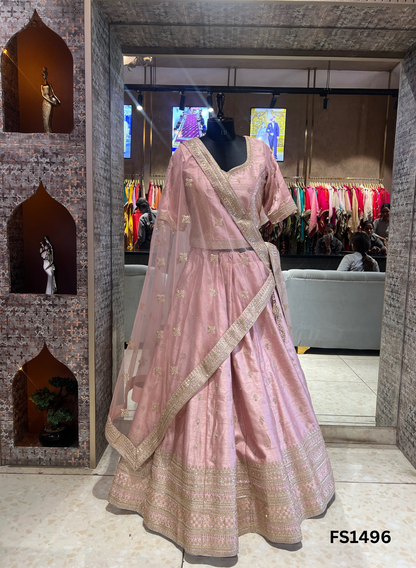 FS1496 | Baby-Pink | Raw Silk | Kurti-lehnga | Party Wear | Wedding | Jaggo | Festival