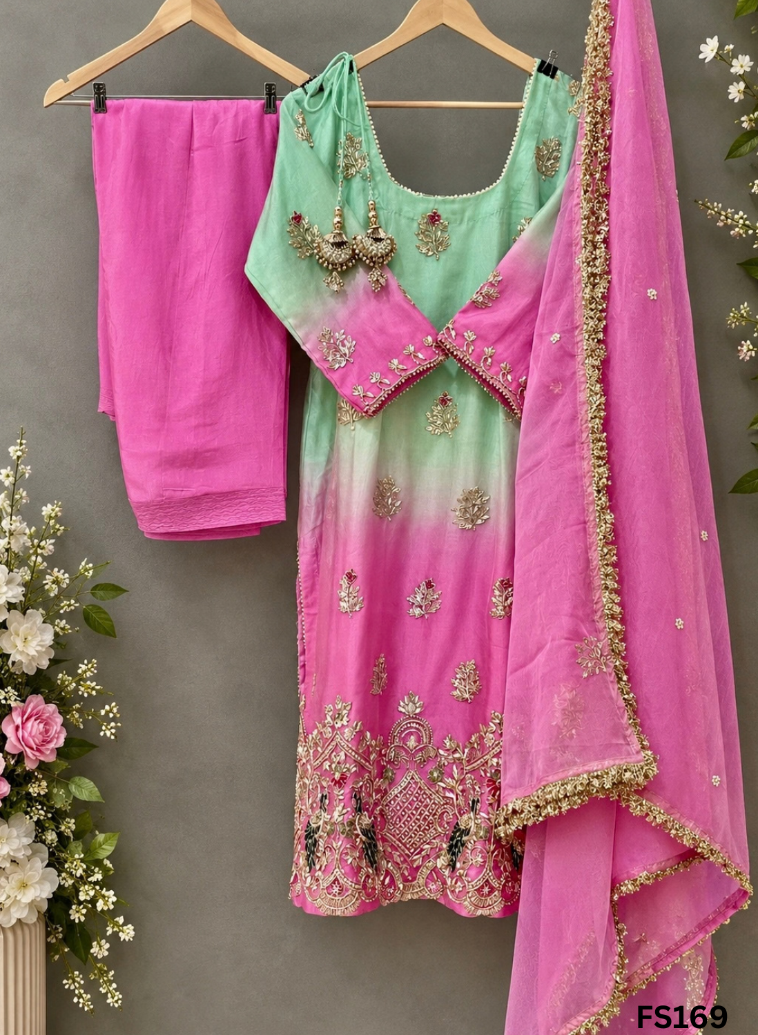 FS169  | Navneet | Pink and Gray | Organza Suit| Party Wear | Wedding | Jaggo | Ring Ceremony | Festival | Handwork suit|