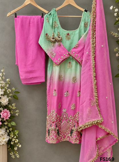 FS169  | Navneet | Pink and Gray | Organza Suit| Party Wear | Wedding | Jaggo | Ring Ceremony | Festival | Handwork suit|