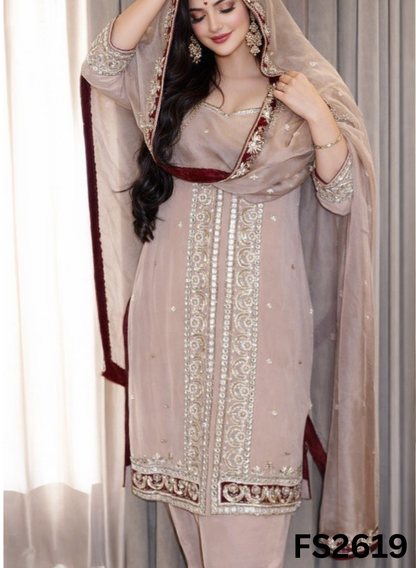 FS2619 | PEACH PINK | Organza Suit | Wedding | Party Wear | Ring Ceremony | Festival Suit |