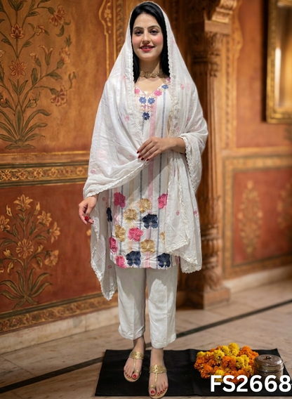 FS2668 | WHITE | Mul-Cotton Suit | Casual wear | Summer Suits | Regular wear