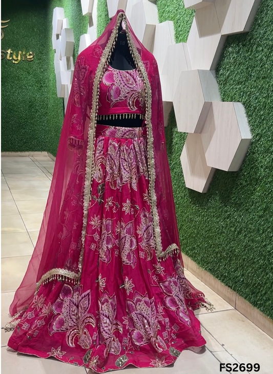 FS2699 |   Lehenga |Viscose   Printed  Organza + Highlighed  | With Handwork  | Wedding Day | Designer  Lehenga |