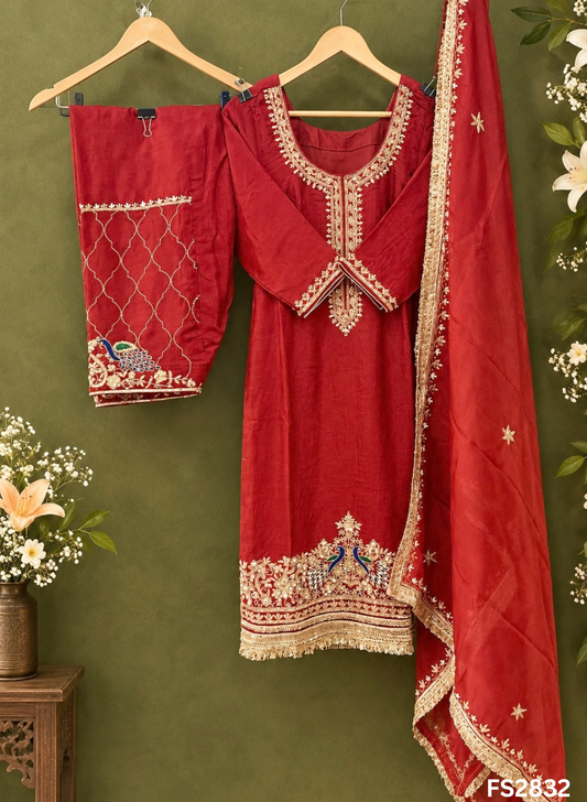 FS2832 | Raw Silk Suit | Party Wear | Jaggo Wear | Weeding Suit