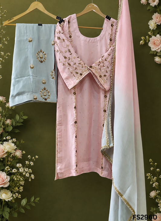 FS2960 | Satin Organza Suit | Party Wear | Jaggo Wear | Festival Wear | Contrast |