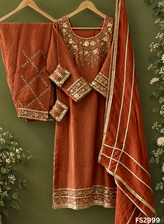 FS2999 | Crush Shimmer Suit | Party Wear | Wedding | Jaggo | Ring Ceremony | Festival