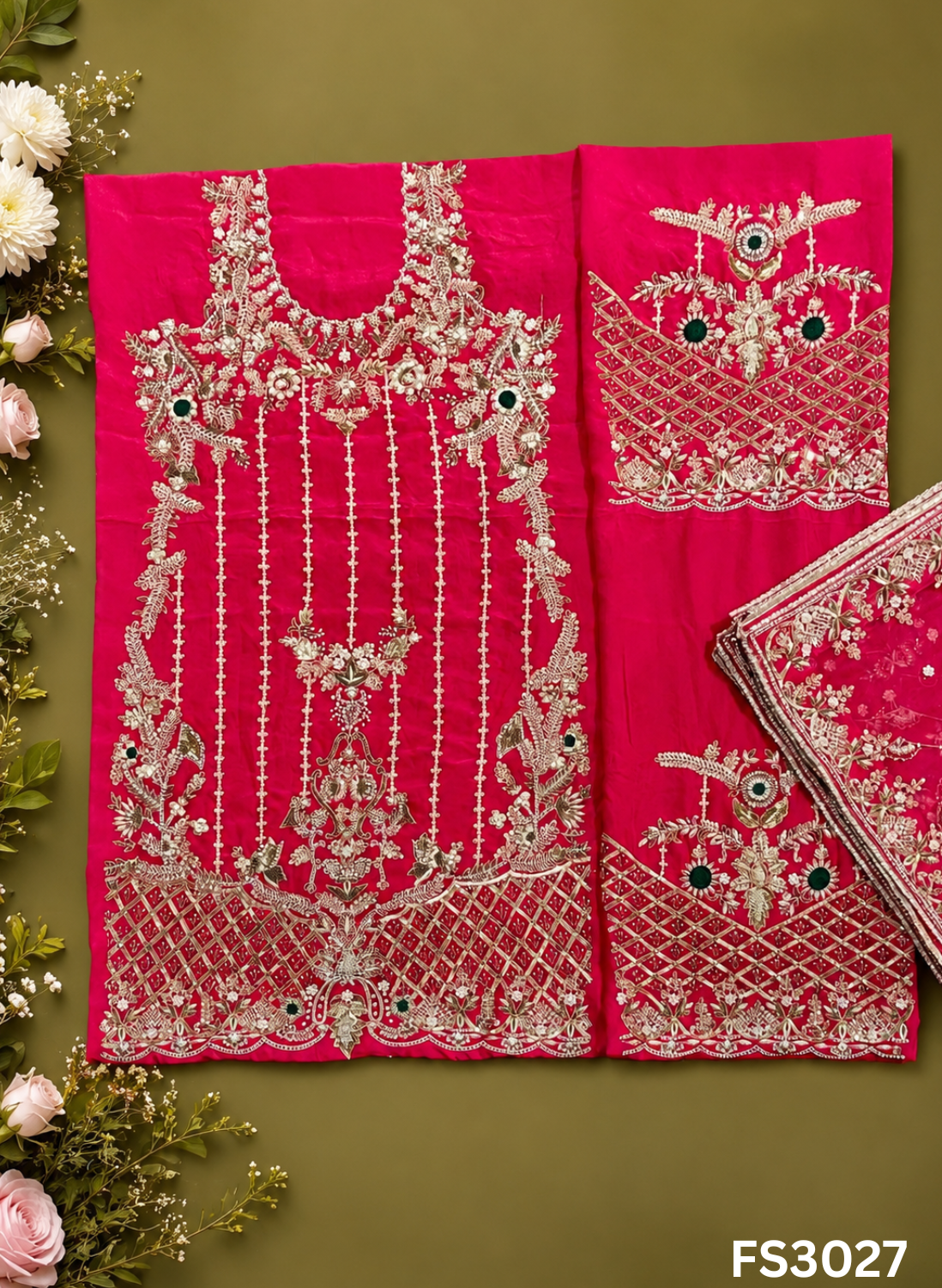 FS3027 | Handmade Bridal Suit | 100% Pure Silk | Pure Organza Dupatta | Tamato Red Colour | Party Wear