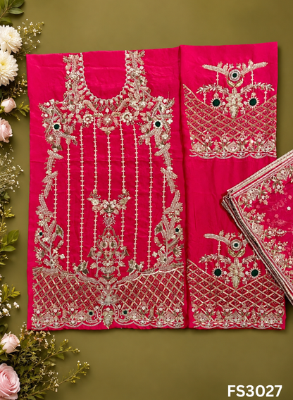 FS3027 | Handmade Bridal Suit | 100% Pure Silk | Pure Organza Dupatta | Tamato Red Colour | Party Wear