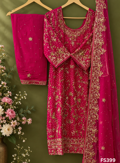 FS399 | Hot-Pink | Silk Suit | Bridal Suit | Party Wear | Wedding | Festival | Celebrity | Ring Ceremony