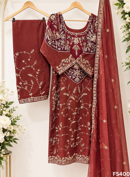 FS400 | Rust | Silk Suit | Bridal Suit | Party Wear | Wedding | Festival | Celebrity | Ring Ceremony