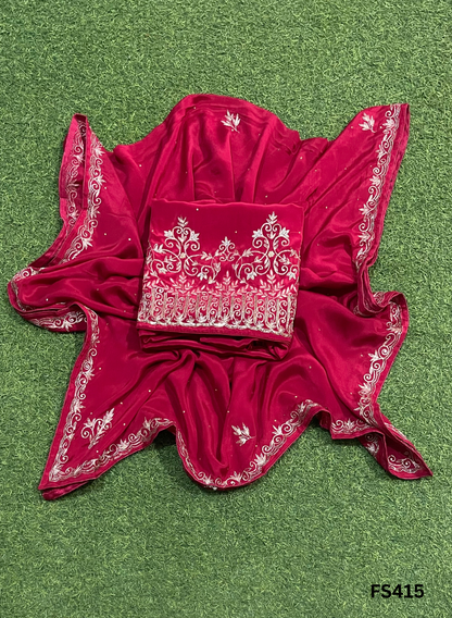 FS415 | RED | Crepe | Party Wear | Wedding | Jaggo | Ring Ceremony | Festival