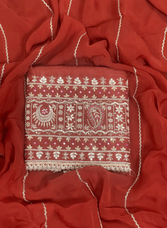 Rust | Raw Silk Suit | Party Wear | Wedding | Jaggo | Festival |