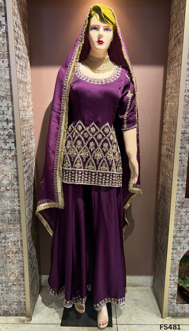 FS481 | Wine | Satin Crepe | Party Wear | Wedding | Jaggo | Ring Ceremony | Festival