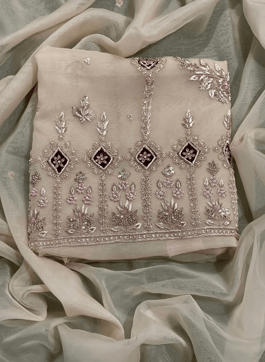 FS242 | Cream | Organza Suit| Party Wear | Wedding | Jaggo | Ring Ceremony | Festival | F9FFAA