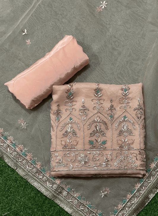 FS560 | Peach Organza Suit | Party Wear | Wedding | Ring Ceremony | Festival | Bridal | F9BCAAA