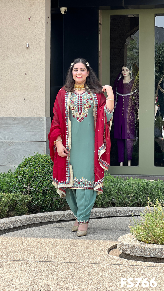 FS766 | Dark Sea-Green | Georgette Suit | Party Wear | Wedding | Jaggo | Ring Ceremony | Festival | F9HAAA