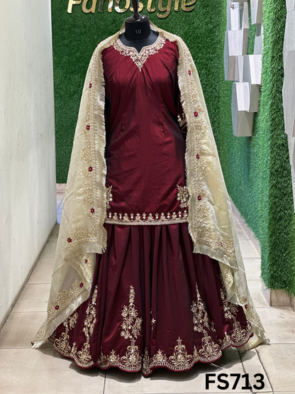 FS713 | Mehroon |  Cross Silk | Kurti Lehnga | Party Wear | Wedding | Jaggo | Ring Ceremony | Festival