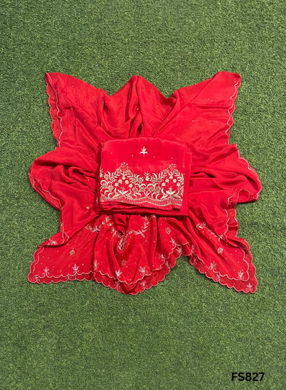 FS827 | Red | Crepe | Party Wear | Wedding | Jaggo | Ring Ceremony | Festival