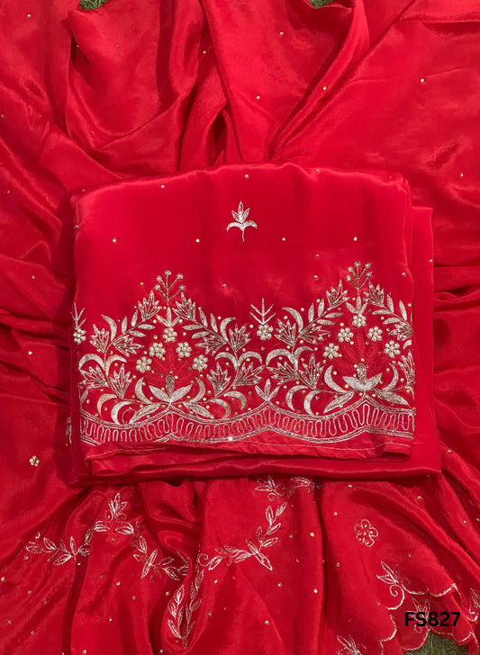 FS827 | Red | Crepe | Party Wear | Wedding | Jaggo | Ring Ceremony | Festival