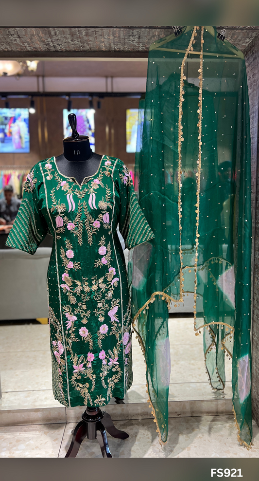 FS921 | Bottle Green | Crepe | Crepe Suit | Wedding | Party Wear | Ring Ceremony | Festival Suit | Allover suit|