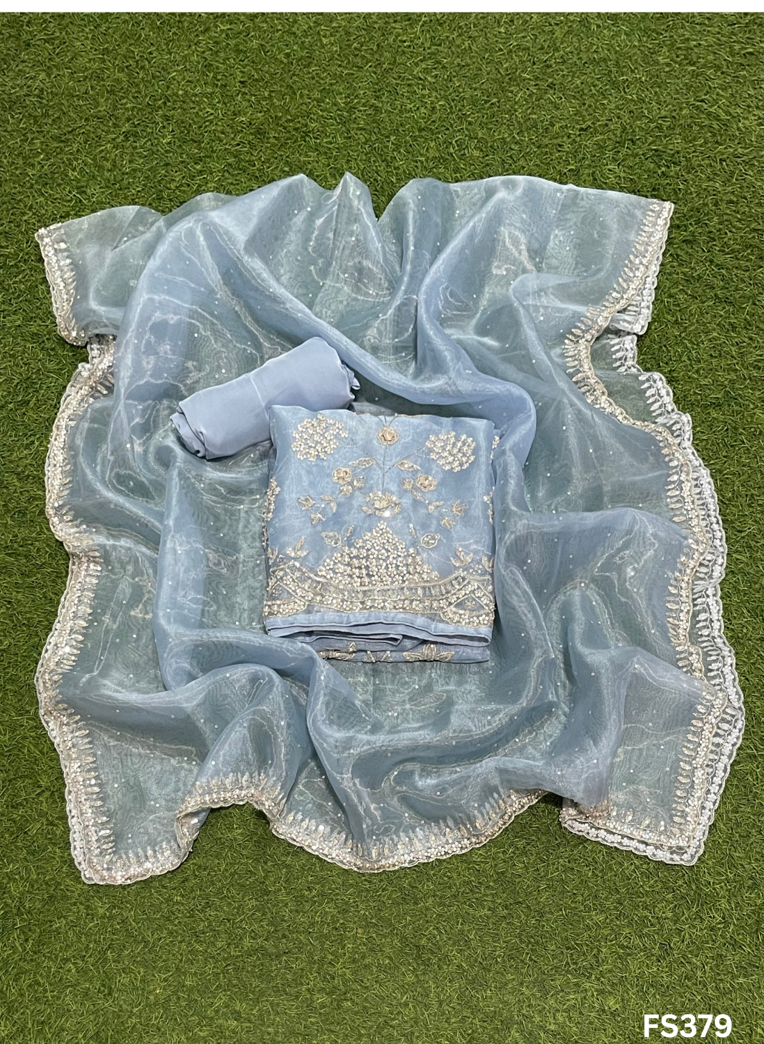 FS379 |Powder Blue |Glass Shimmer Suit | Party Wear | Wedding | Jaggo | Ring Ceremony | Festival