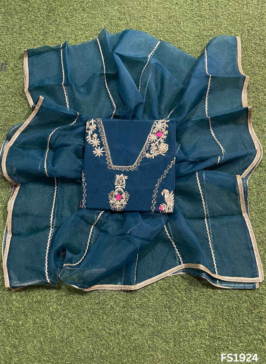 FS1924 |  Peacock | Glass Shimmer Suit | Party Wear | Wedding | Jaggo | Ring Ceremony | Festival