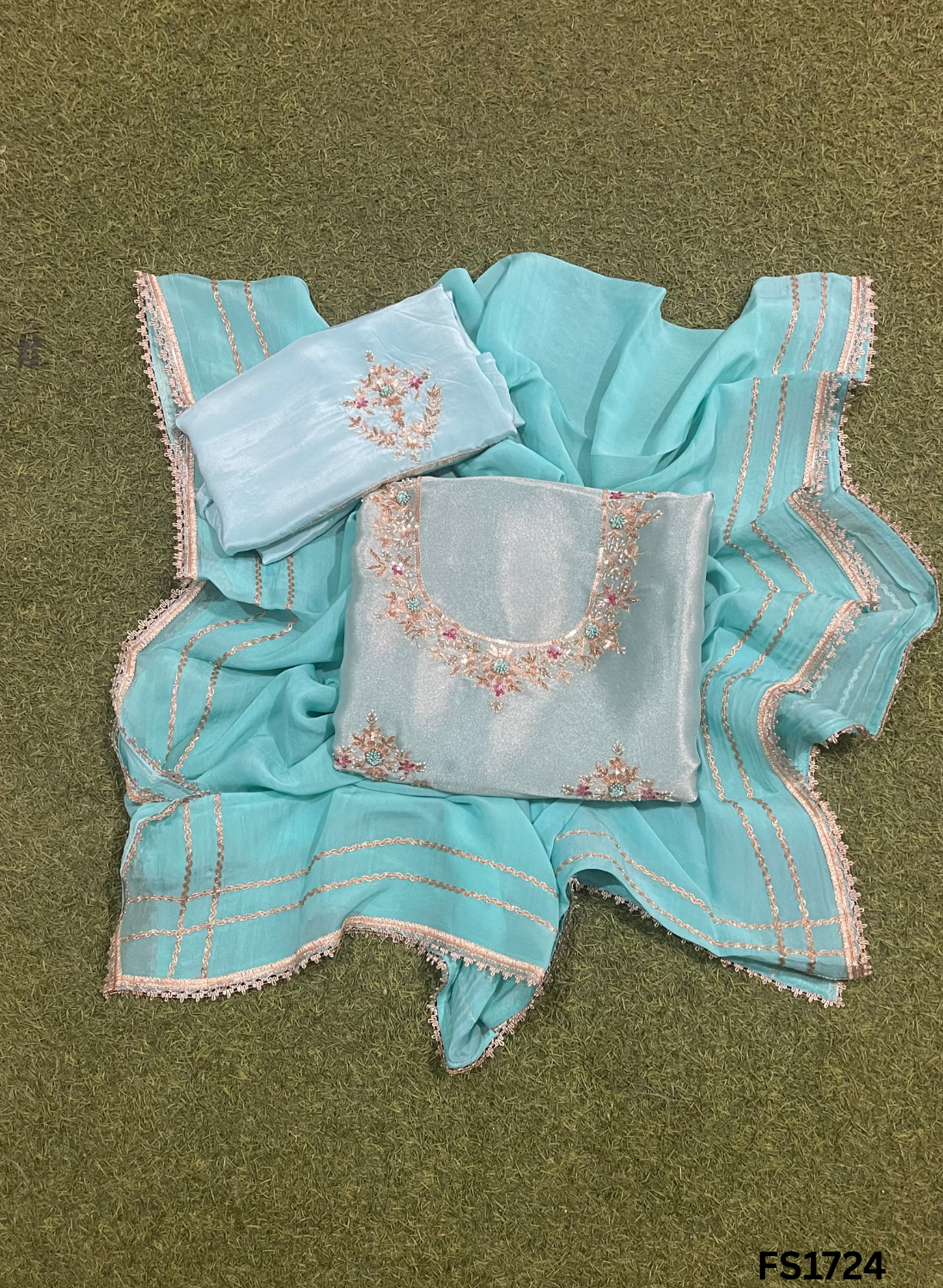 FS1724 | Sky-blue | Glass Shimmer Suit | Party Wear | Wedding | Jaggo | Ring Ceremony | Festival