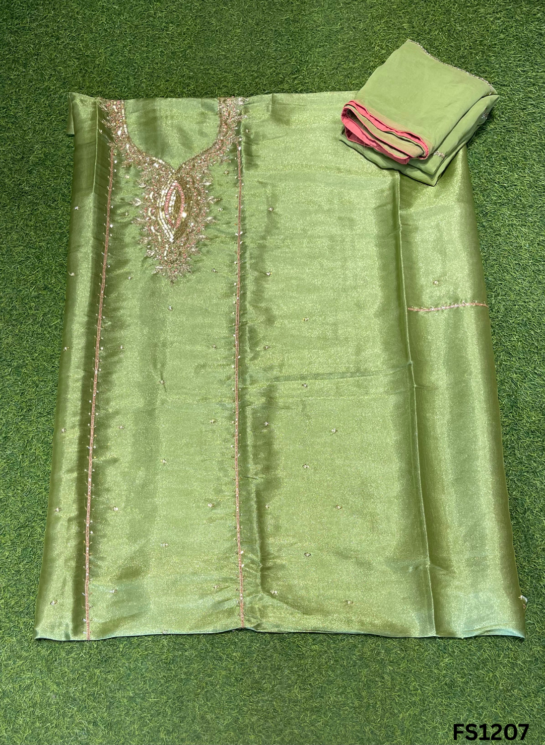 FS1207 | Mehandi | Glass Shimmer Suit | Party Wear | Wedding | Jaggo | Ring Ceremony | Festival