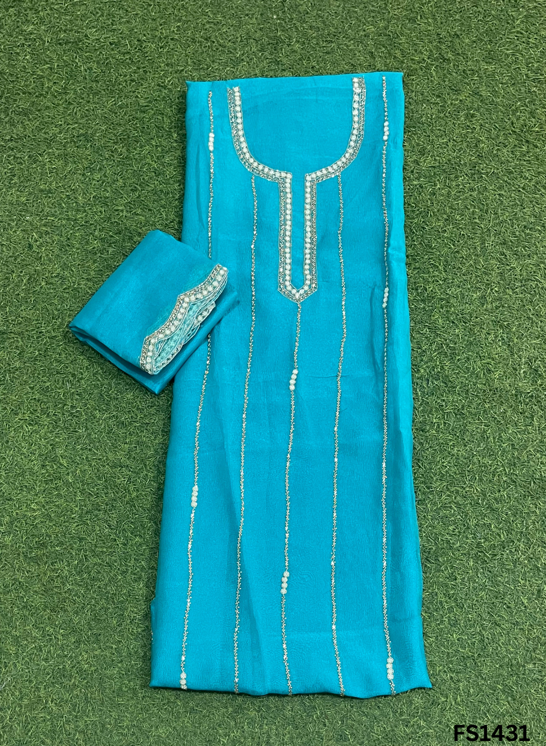 FS1431 | Firozi | Glass Shimmer Suit | Party Wear | Wedding | Jaggo | Ring Ceremony | Festival