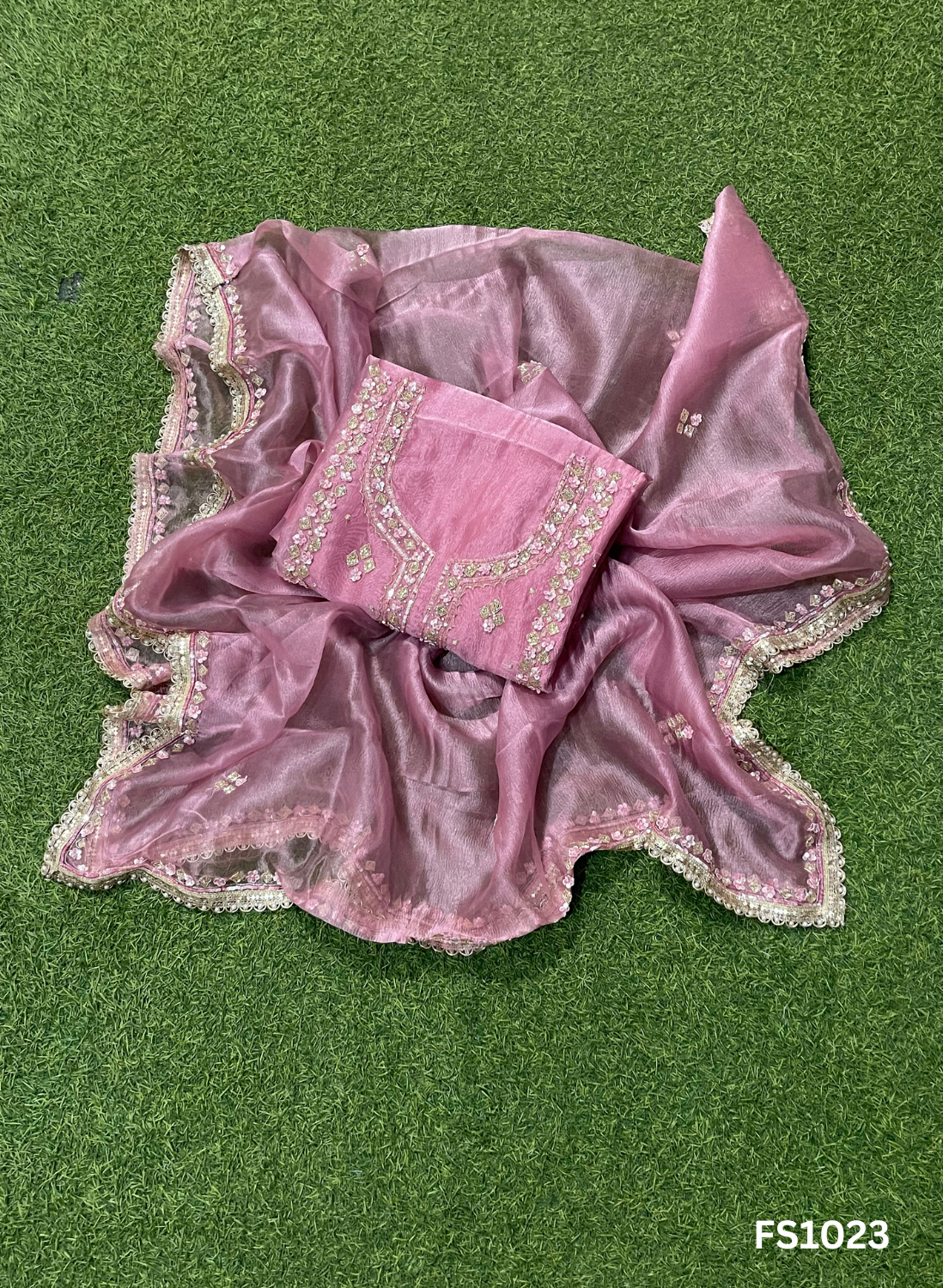 FS1023 | Onion-Pink | Glass Shimmer Suit | Party Wear | Wedding | Jaggo | Ring Ceremony | Festival