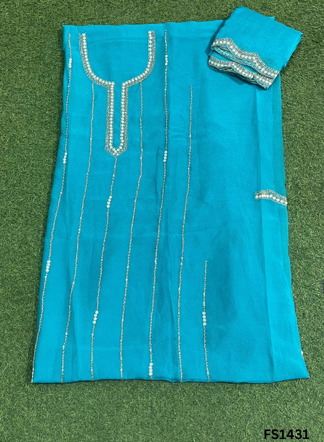 FS1431 | Firozi | Glass Shimmer Suit | Party Wear | Wedding | Jaggo | Ring Ceremony | Festival