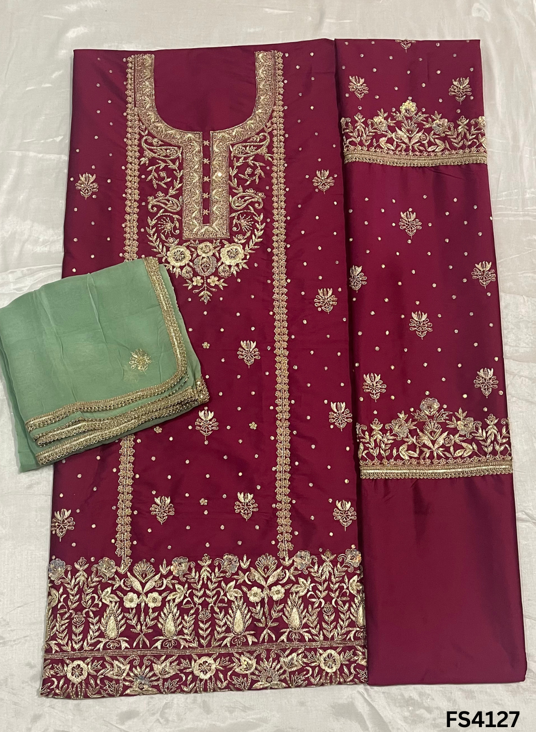 FS4127 | Handmade Bridal Suit | 100% Pure Gevadin Silk | Pure Organza Dupatta | Party Wear | Wedding Wear|  Contrast Suit |