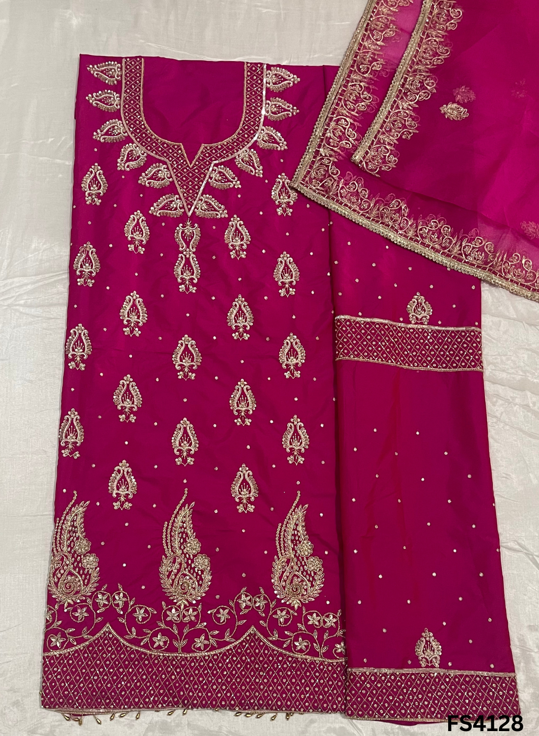 FS4128 | Handmade Bridal Suit | 100% Pure Gevadin Silk | Pure Organza Dupatta | Party Wear | Wedding Suit |