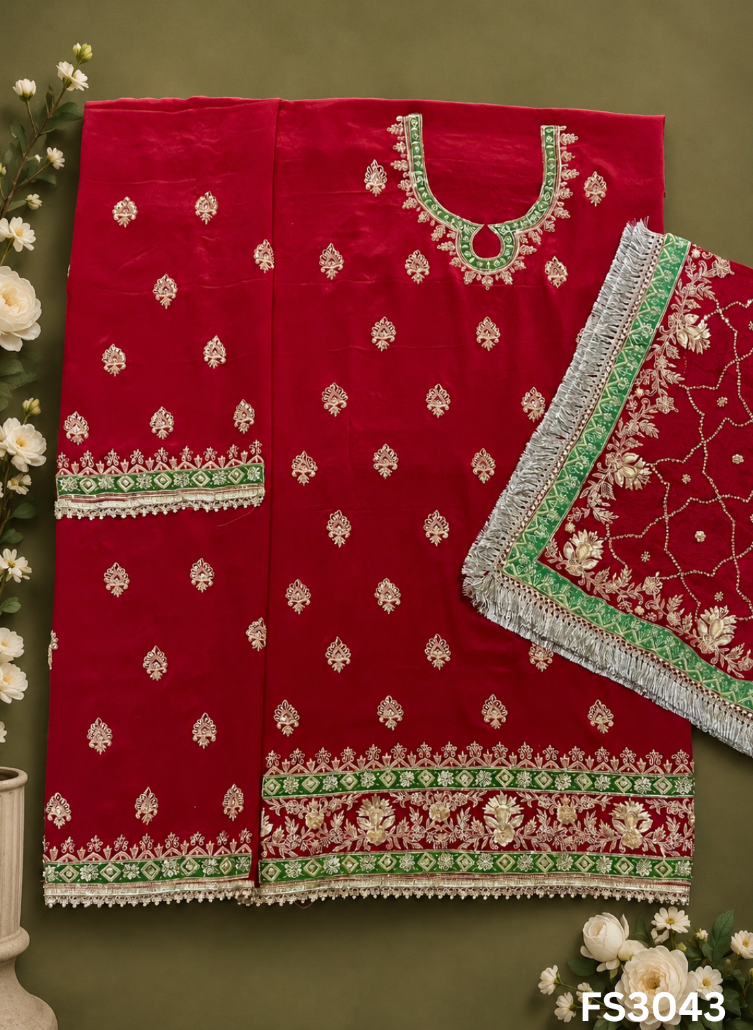 FS3043 | Handmade Bridal Suit | 100% Pure Silk | Pure Kamal Channon  Dupatta | Tamato Red Colour | Party Wear