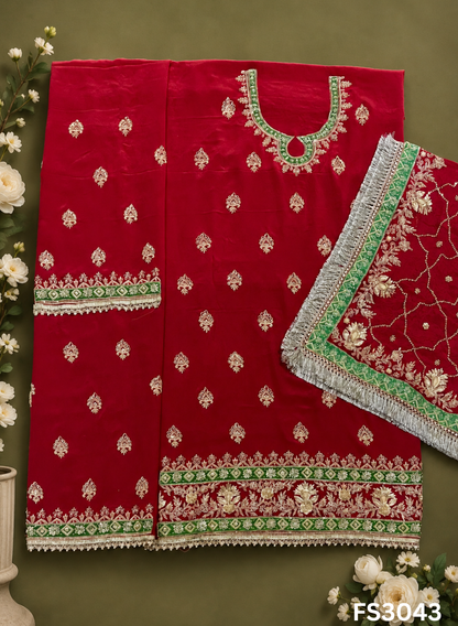 FS3043 | Handmade Bridal Suit | 100% Pure Silk | Pure Kamal Channon  Dupatta | Tamato Red Colour | Party Wear