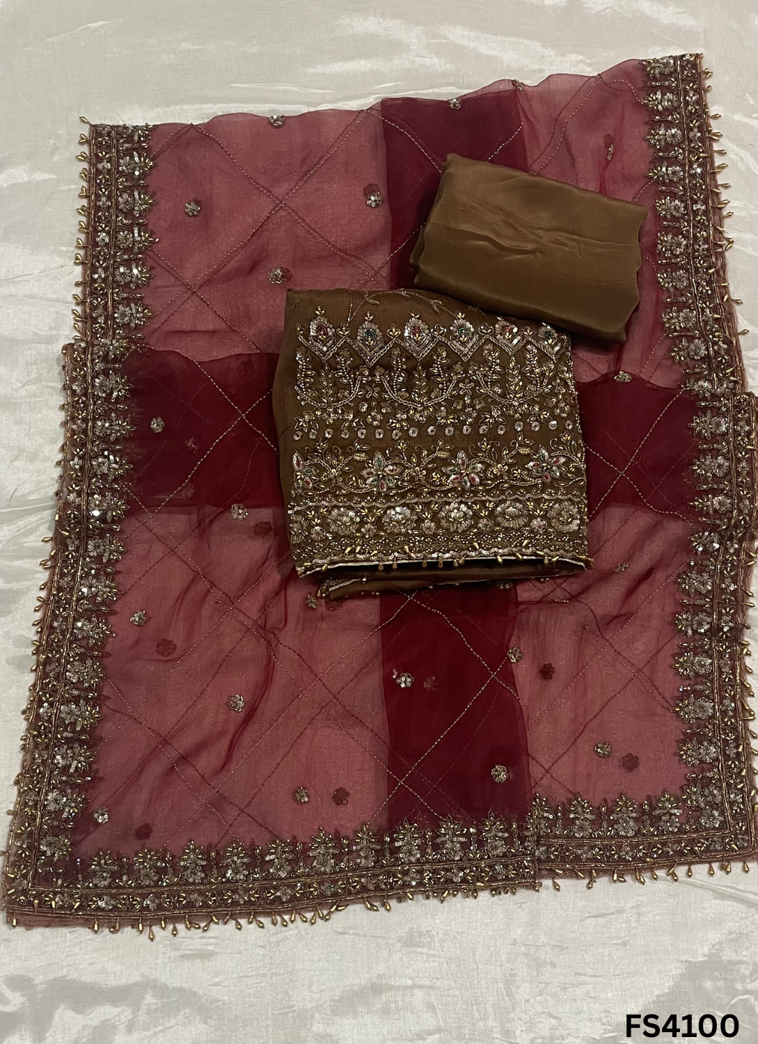 FS4100 | Handmade Wedding Suit | 100% Pure Organza | Pure Organza Dupatta | Party Wear | Wedding Suit | Contrast Suit |