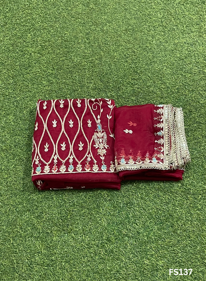 FS137 | Hot-Pink | Organza Suit| Party Wear | Wedding | Jaggo | Ring Ceremony | Festival | Handwork suit | F9JAAA