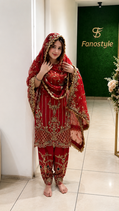 FS3027 | Handmade Bridal Suit | 100% Pure Silk | Pure Organza Dupatta | Tamato Red Colour | Party Wear