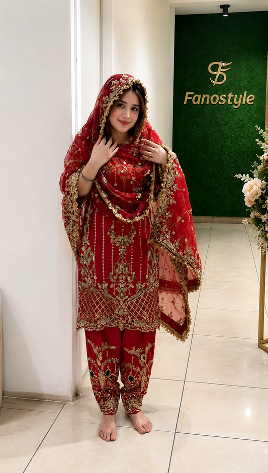FS3027 | Handmade Bridal Suit | 100% Pure Silk | Pure Organza Dupatta | Tamato Red Colour | Party Wear
