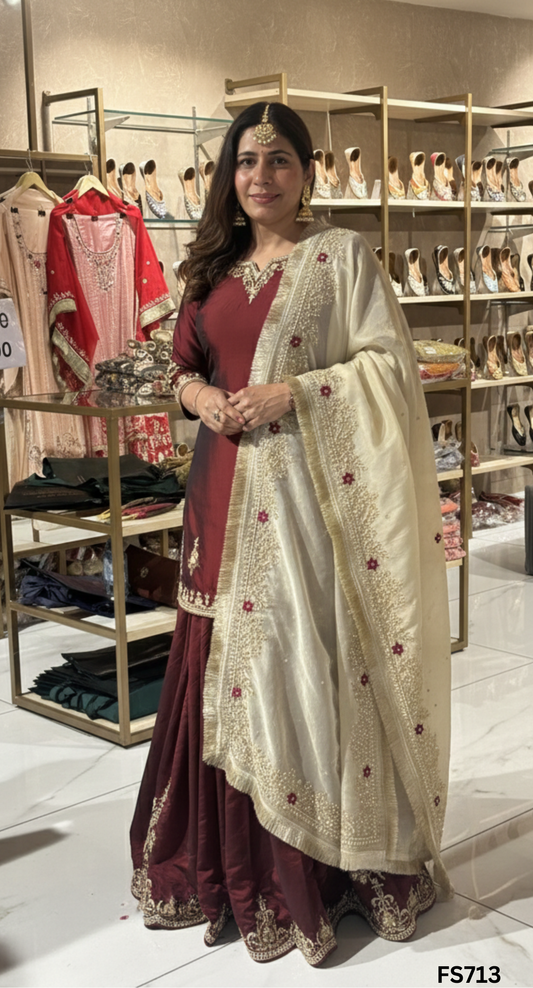 FS713 | Mehroon |  Cross Silk | Kurti Lehnga | Party Wear | Wedding | Jaggo | Ring Ceremony | Festival
