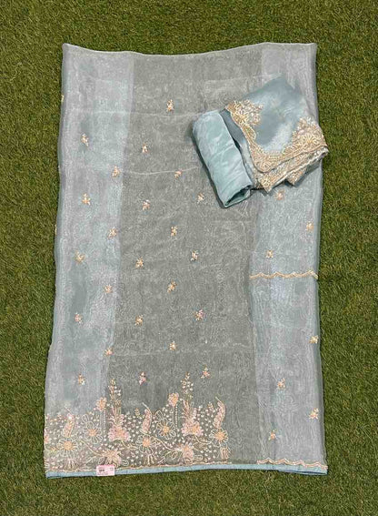 Sky blue Organza Suit | Party Wear | Wedding | Jaggo | Ring Ceremony | Festival | FS210