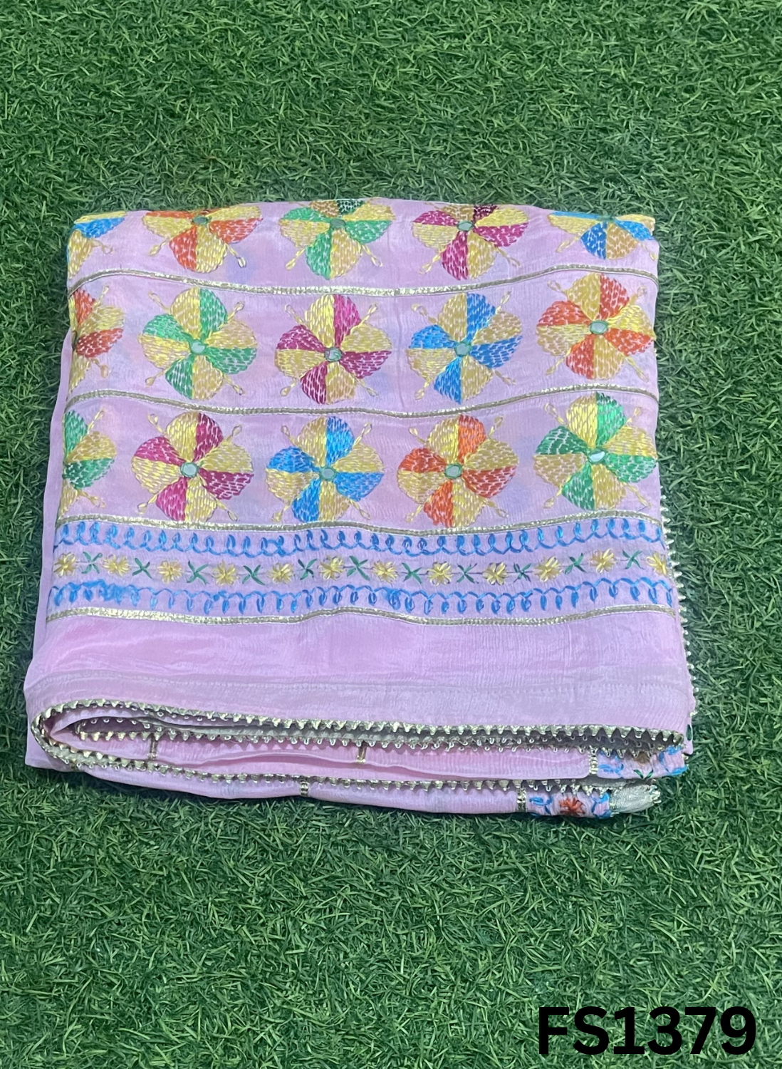 FS1379 | Orange  | Luxurious|  Embroidered |  Phulkari | 2.5 Meter of Elegance